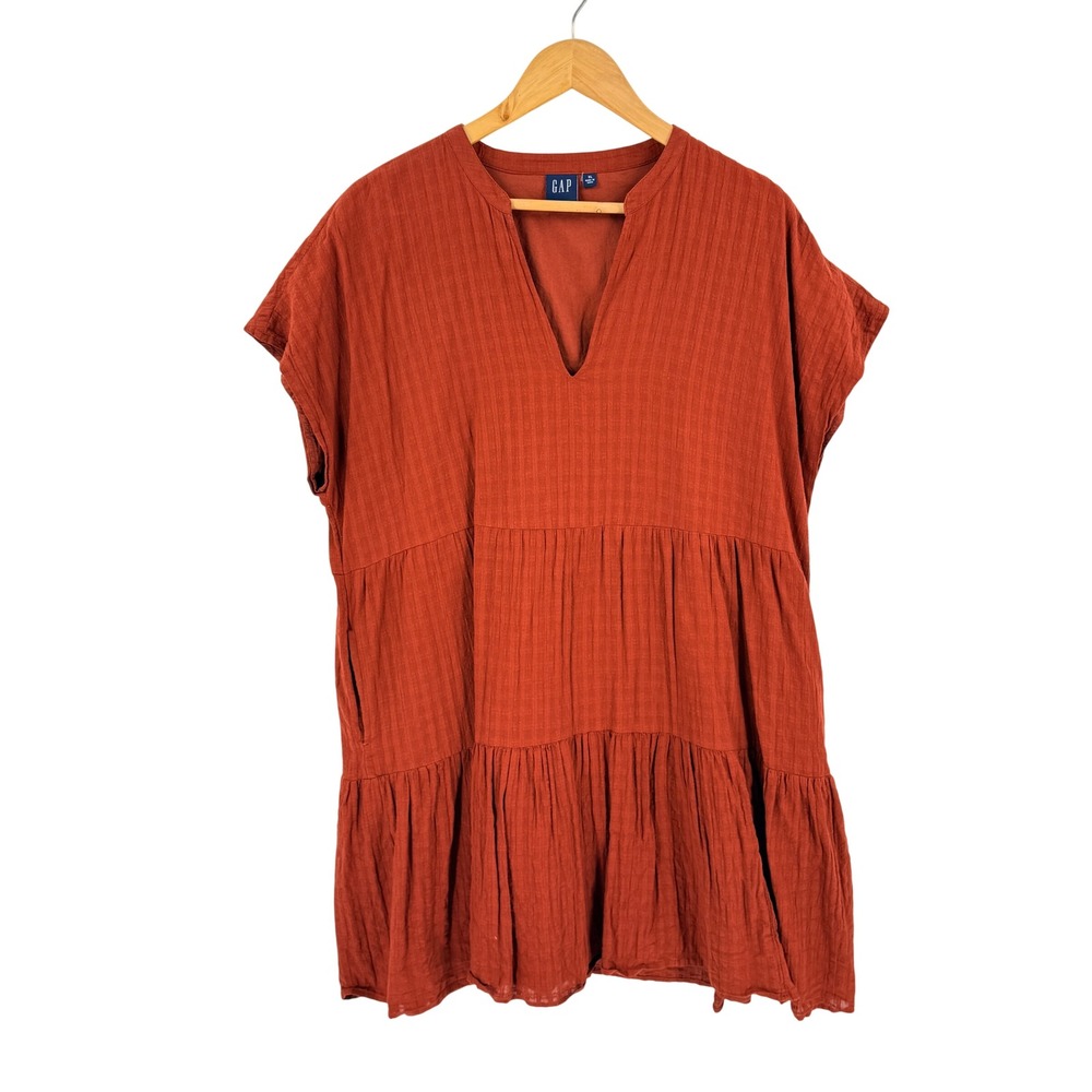 GAP Tiered Mini Dress Burnt Orange XL Boho Casual Gauze Pockets Rust Fall